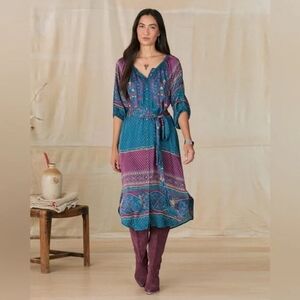 Sundance La Villette Silky modal Blend Print Boho Button Front Dress PL Petite